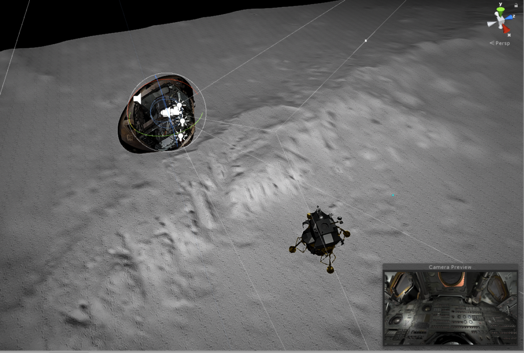 Screen capture, 3D rendering of the Command Module and Lunar Module shortly after separation, with grey landscape below. There are various ‘trajectory lines’ running between the two spacecraft and a ‘Camera Preview’ inset of the interior in the bottom right.
